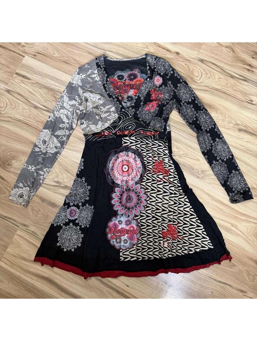 Desigual Mixed Print Patchwork Long Sleeve Dress Mandala Lace Size M